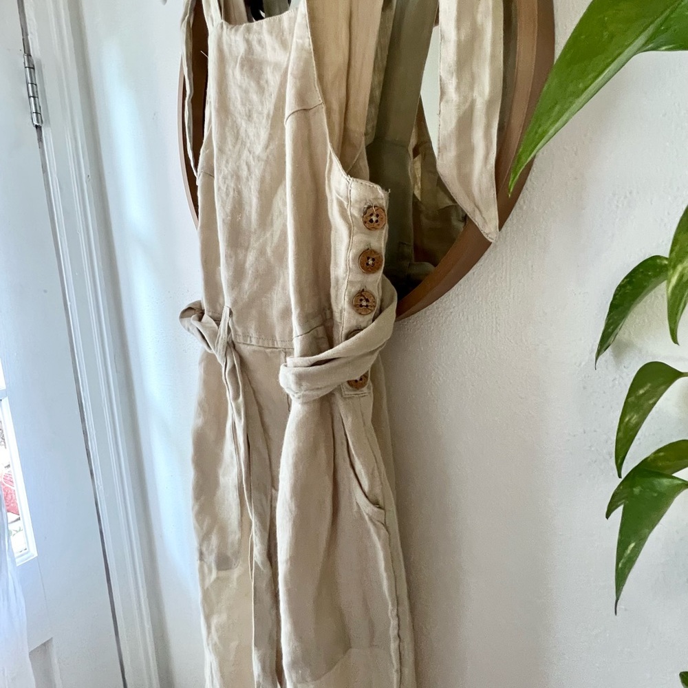 Free People Beige Linen Tie-Back Jumpsuit - Picture 3 of 6